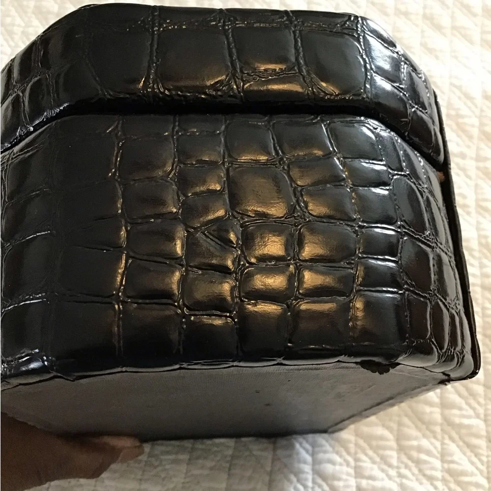 Vintage Croc Embossed JEWELRY BOX Travel Case Black Patent